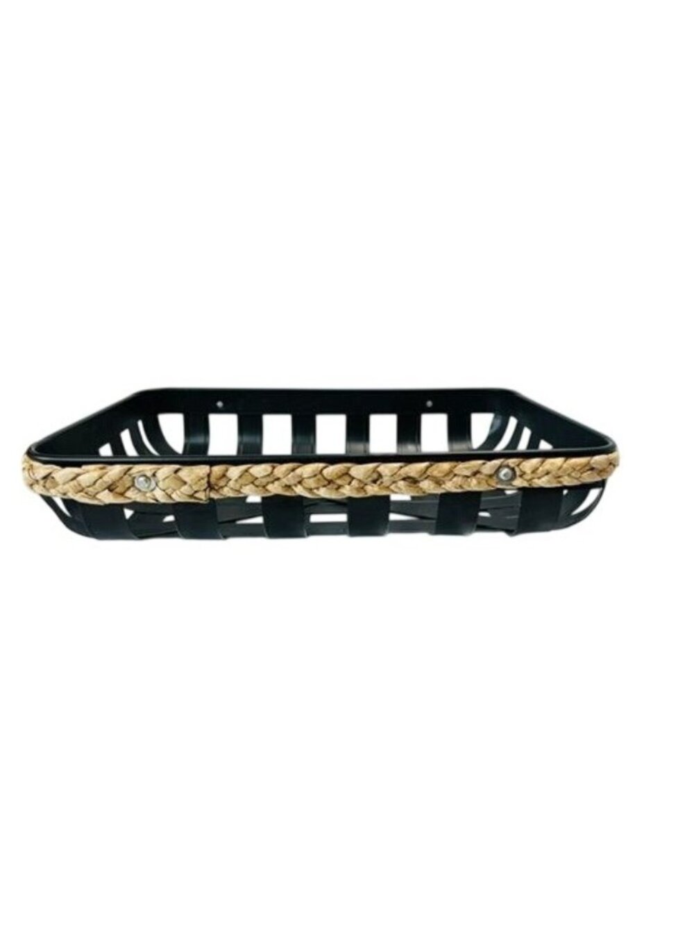 Modern Farmhouse Black Slotted Tobacco Basket Tray with Seagrass Rope Accent – R